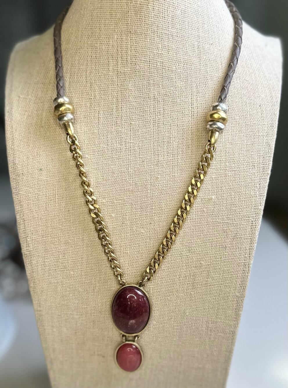 Vintage Y2K Lucky Brand Necklace Oxblood Red 2 Stone Gold Adjustable Rope Chain